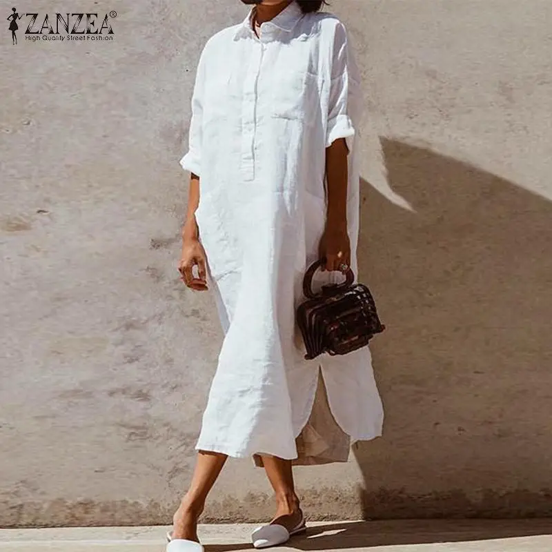 

Fashion ZANZEA Women Lapel Neck Long Shirt Dress Autumn Long Sleeve Solid Sundress Female Buttons Split Hem Cotton Linen Vestido