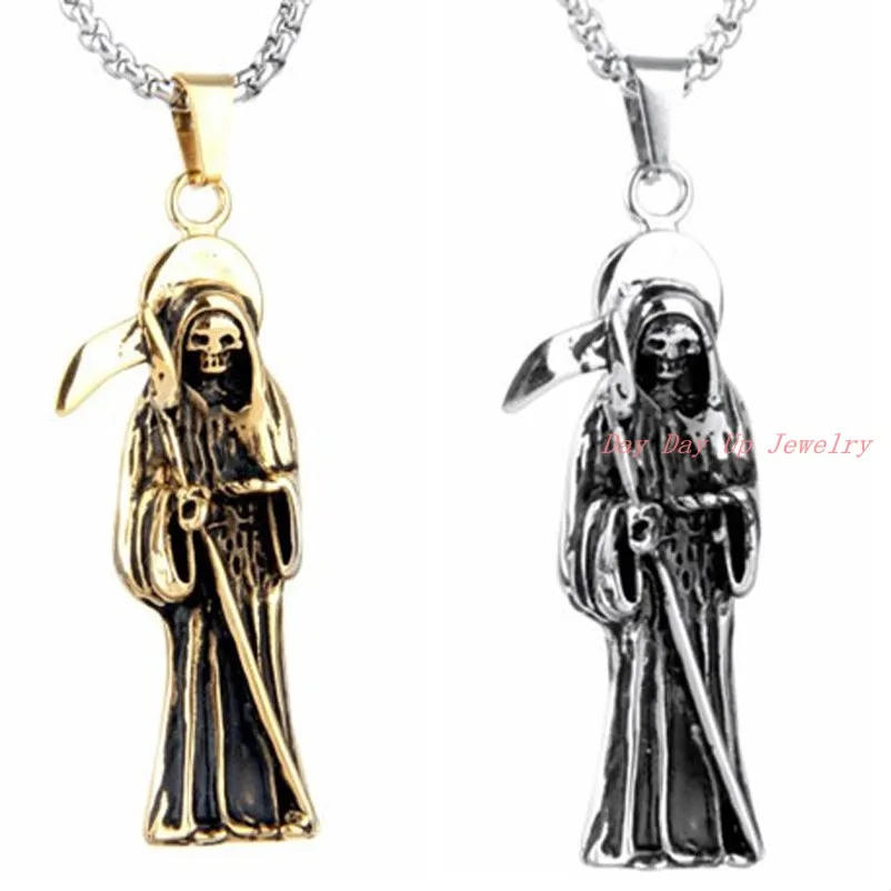 

65mm*16mm 12g Top Design Silver Gold Stainless Steel Holy Saint Death Santa Muerte Men's Pendant Necklace Fashion Jewelry+Chain