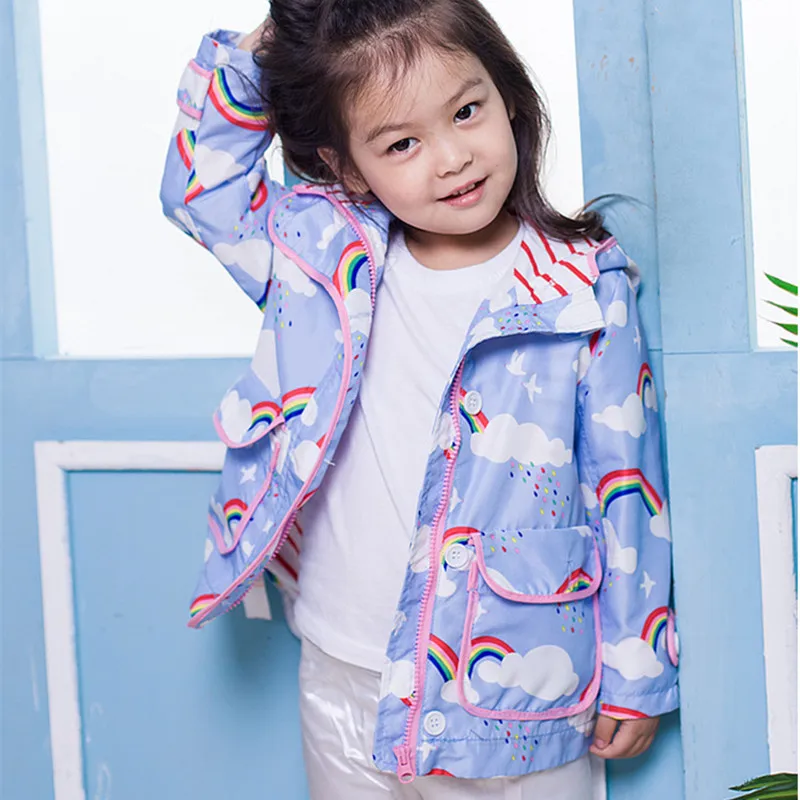 

New Autumn Children Clothing Girls Rainbow Printed Windbreaker Toddler Floral Hooded Jacket Kids Outdoor Warm Jacket D0154
