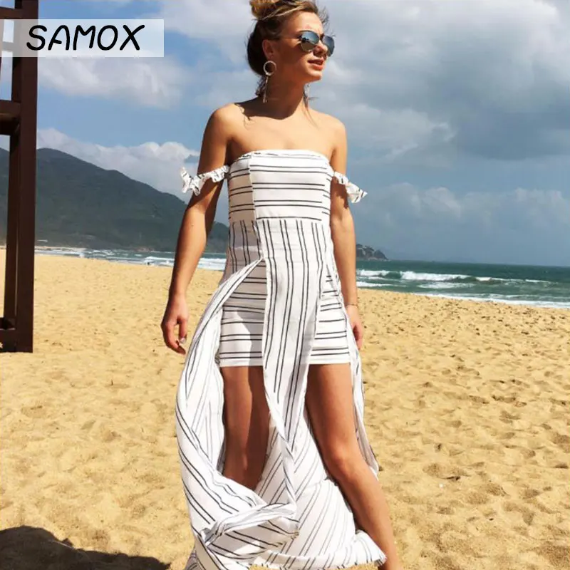 

JSMY 2019 New Summer Beach Dress Fashion Women Sexy Tube top Off-the-shoulder Backless Stripe Chiffon Irregular Split