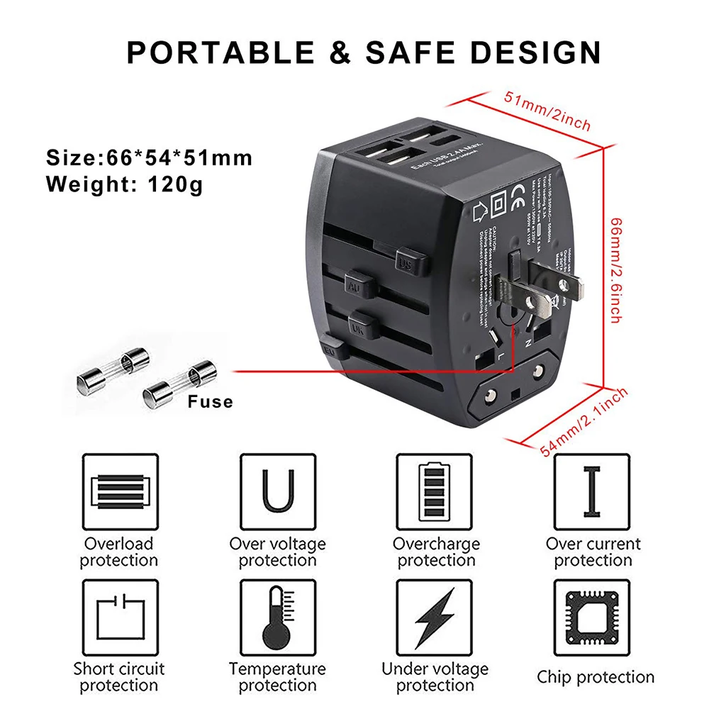 Travel Adapter, Universal Power Adapter, All-in-one with Type C, for UK/EU/AU/US