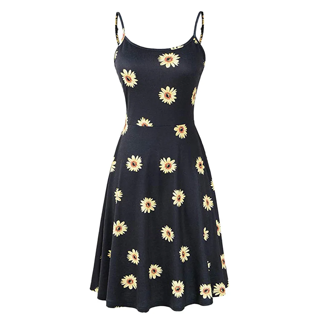 feitong A-Line Casual women's clothing dresses Women's Vintage Printed Sleeveless Strappy Summer Beach Swing Camis Dress #4