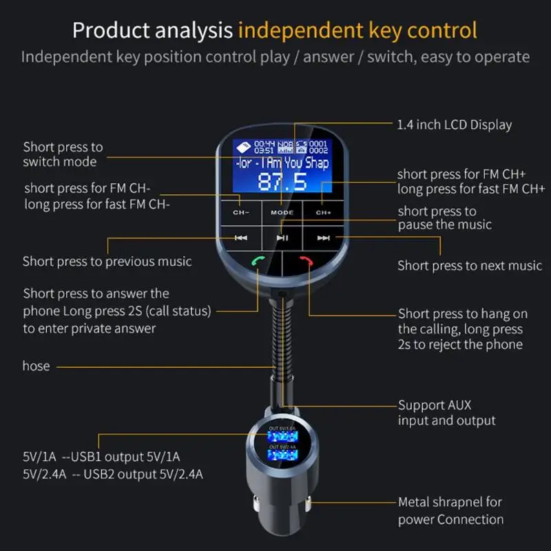 Bluetooth Беспроводной fm-передатчик MP3 дисплей проигрывателя двойной зарядное устройство usb