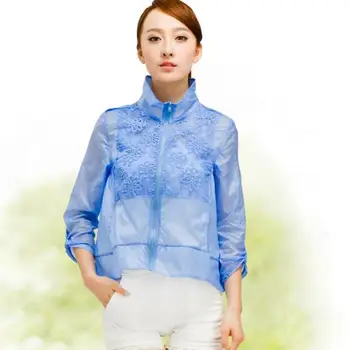 

Women's summer thin organza patchwork sunscreen coat lady's Solid Color Windbreaker clover embroidery zipper jacket R809