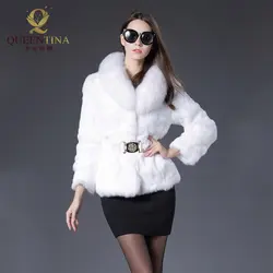 2018 новое зимнее модное пальто из кроличьего меха, Воротник из лисьего меха, v-образный вырез, женская меховая куртка из натурального