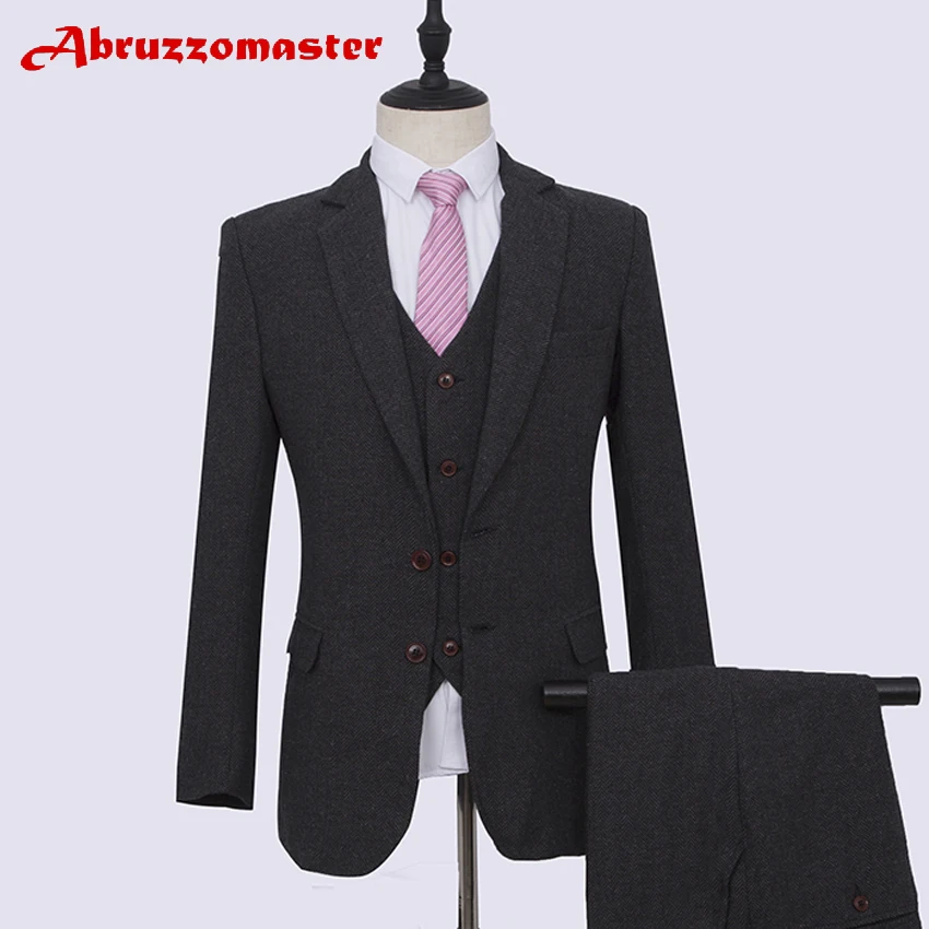Black man Wedding Suits coat for Groom Tuxedos Harringbone Groomsman Suit 2 Style Man Suit Tailor Blazer Jacket+pants+ves