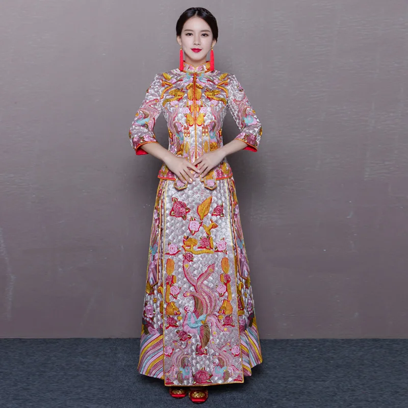 

Embroidery Dragon wedding dress chinese style costume Phoenix cheongsam evening dress show clothing slim Style for the Wedding