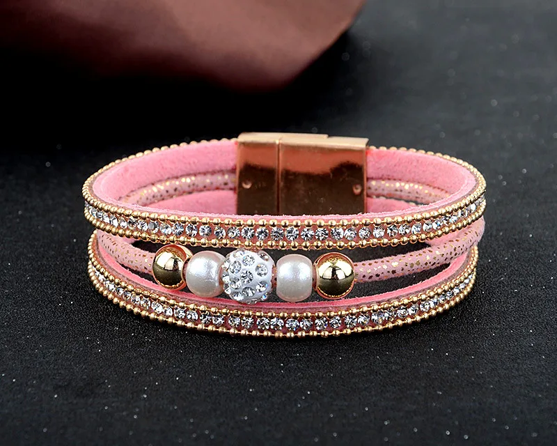 Для женщин Модный браслет с бусинами Pulsera Mujer Bijoux(украшения своими руками) Полные Стразы кожаный браслет Магнитная застежка браслеты из нержавеющей стали бижутерия для женщин, высокое качество, подарок - Окраска металла: pink