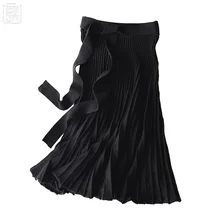 Новинка, Шерстяная трикотажная плиссированная юбка с поясом, юбка в рубчик средней длины, 2 цвета, вязанная черная серая юбка, Женская юбка, эластичная талия, бедра