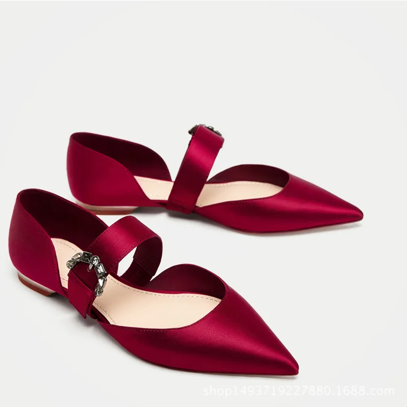 SWYIVY Woman Flats Mary Janes Shoes Pointed Toe 2018 Female Casual Shoes Rhinestone Wedding Satin Shallow Mouth Flats 34 40 Size