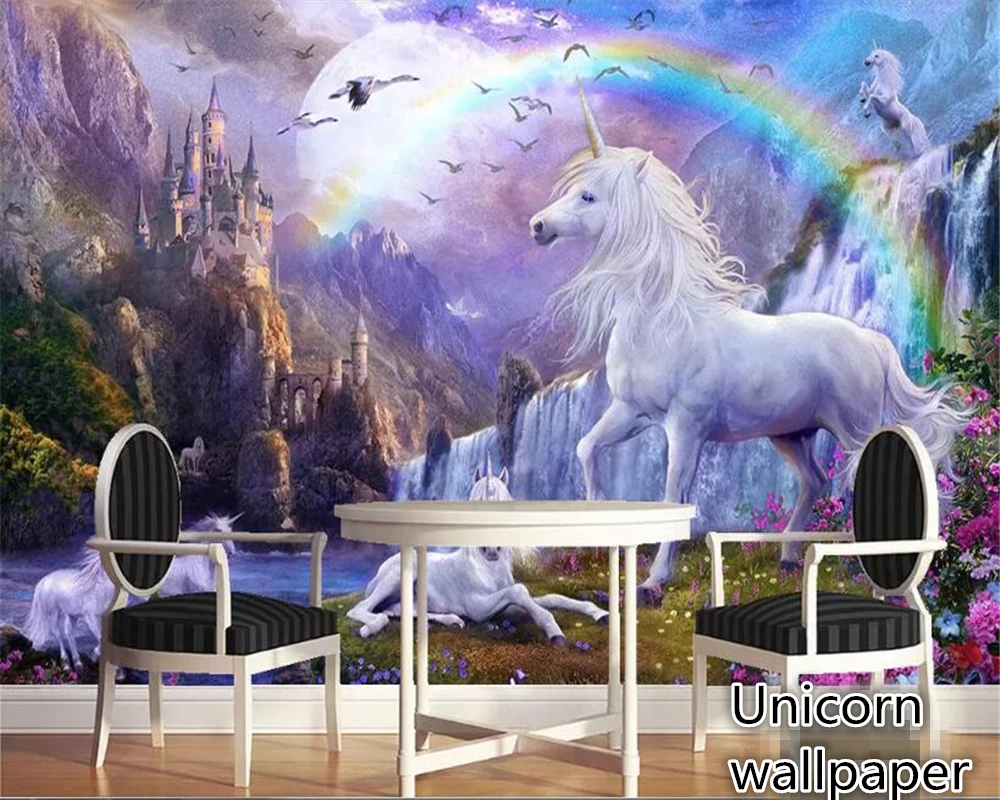 Beibehang Wallpaper Home Decor Blue Sky Rainbow Unicorn Wallpaper Bedroom Landscape Oil Painting Wallpaper For Kids Room Behang Wallpapers Aliexpress