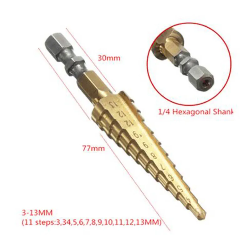 

Hot Sale 1pcs 3-13mm HSS Titanium coated stepped drill Power Tools carbide drill mini drill bit set