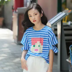 Одежда для маленьких девочек-подростков, синяя короткая полосатая футболка, 2019 летняя хлопковая детская футболка для детей, повседневные