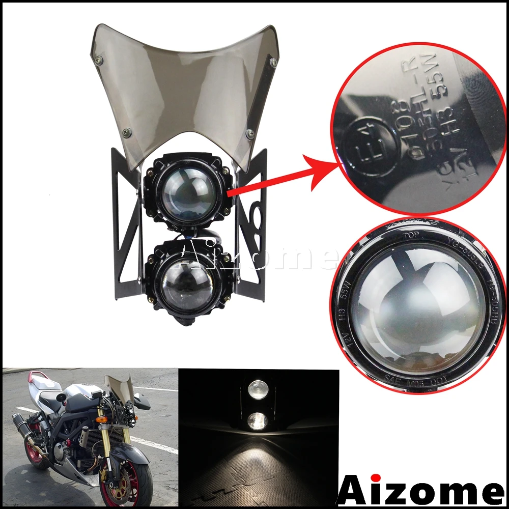 

Universal Motorcycle Streetfighter Twin Headlamp Custom Projector H3 Head Light Windscreen Stack Headlight For Honda Suzuki