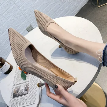 

2019 Spring New High Heel Women's Wild Shallow Mouth Women's Shoes Work Shoes Pointed Stiletto Knit Women's Singles W1-84