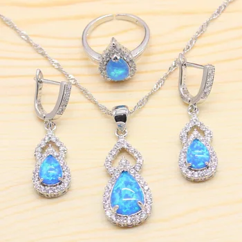 

Water Drop Australia Blue Opal Silver Color Jewelry Sets For Women Necklace Pendant Earrings Open Adjustable Rings Gift