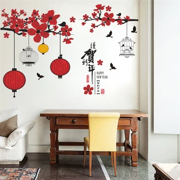 

Chinese spring festival tree birds lantern flower wall stickers home deocr living room window new year wall decals pvc mural art