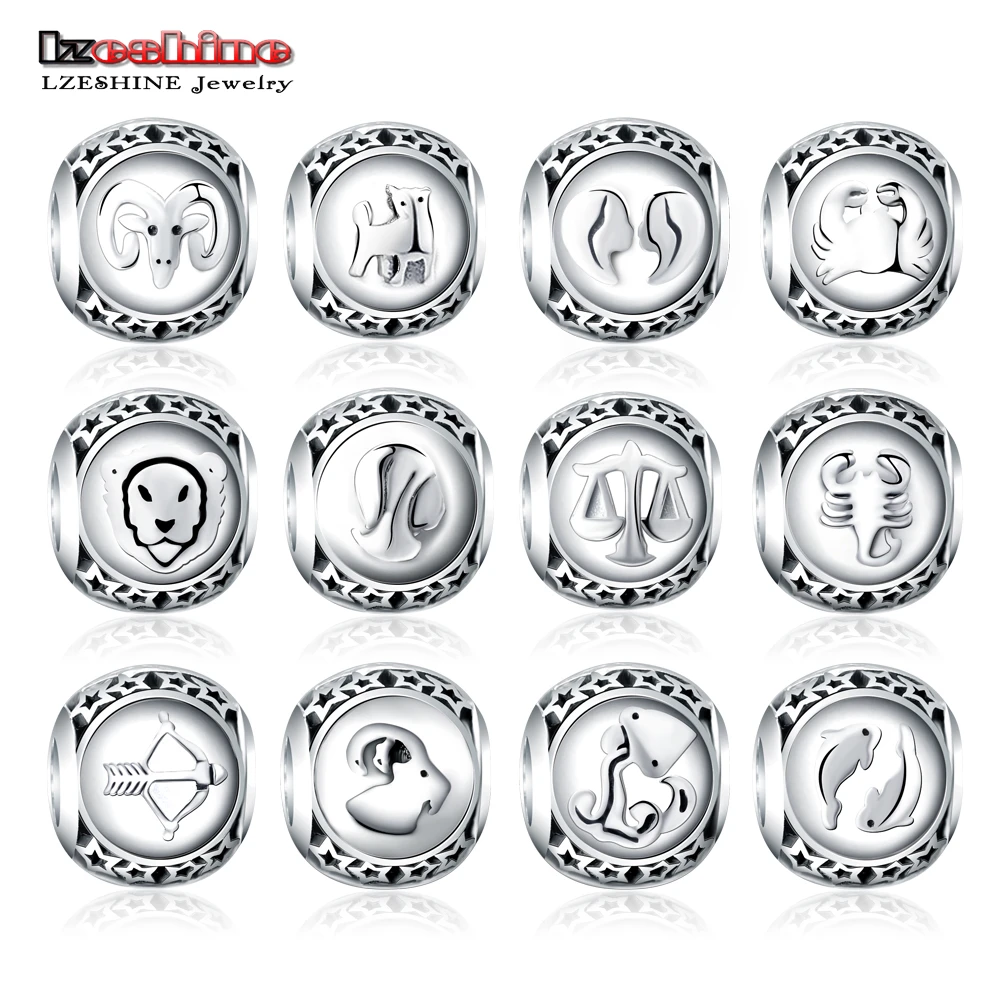 

LZESHINE 925 Sterling Silver Beads Twelve Constellations Accessoriess Zodiac Bead Charm Fit Original Brand Bracelet PSMB0709