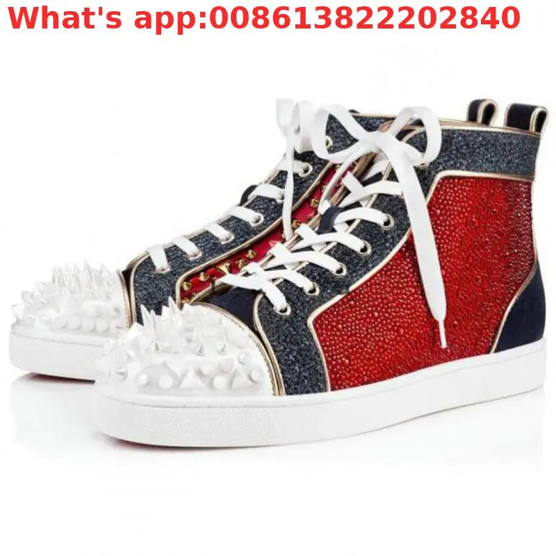 

Leather Suede Crystal Rivet Leisure Shoes Walking Sneakers Outdoor Fashion Shoes For Men Lace Up Mens High Top Sneakers