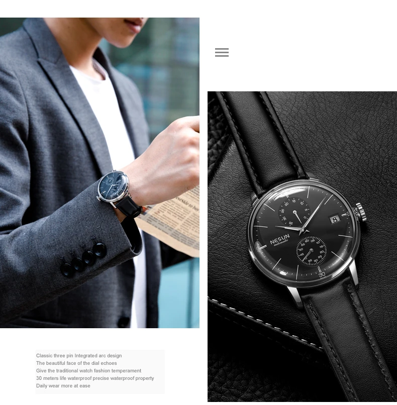 Люксовый бренд Мужские часы Nesun автоматические механические часы для мужчин сапфир relogio masculino Натуральная кожа ремешок часы N9606-3