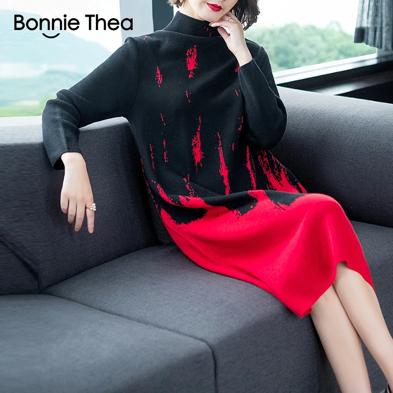 Cena Bonnie thea kobiety zima golf party sukienka z dzianiny damska jesień elegancki sweter sukienka vestidos Vintage lady sukienka 2018