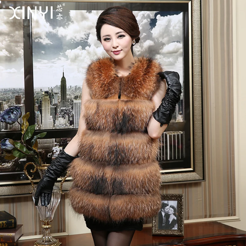 2016 Luxury Genuine Raccoon Fur Vest Waistcoat Winter Women Fur Medium long Outerwear Coats Lady Gilet