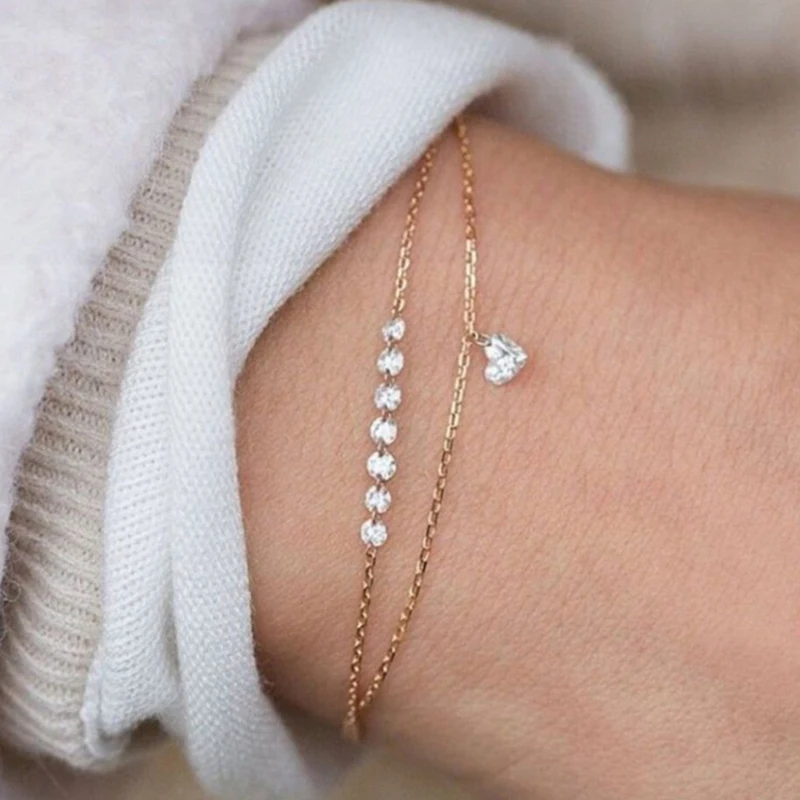 

SHUANGR Hot Selling Rose Gold Tiny Heart Pendant Double Layer Chain Bracelet Shiny Crystal Simple Fashion Heart-shaped Bracelet