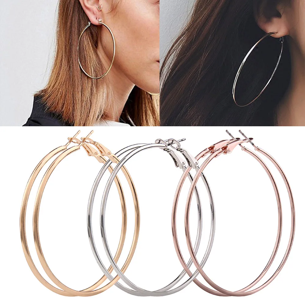 

3 Pair Lady Women Thin Round Big Large Hoop Earrings Smooth Circle Earrings Ear Loop for Women Hoop Earrings Silvery/Golden