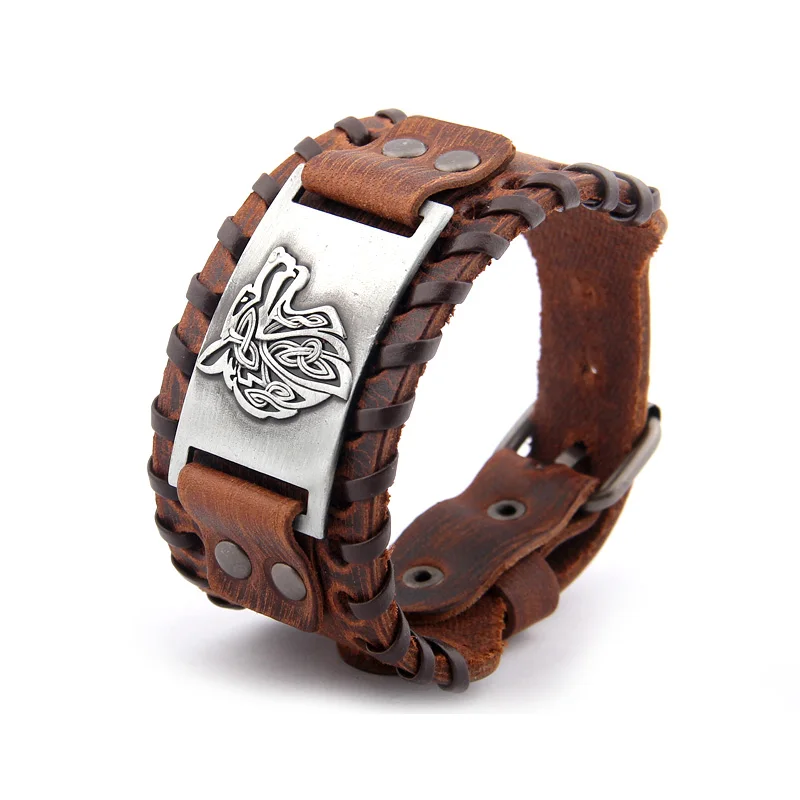 

Viking Compass Genuine Leather Bracelet for Man Bangle Nordic Celtic Wolf head Wrap Jewelry Accessories