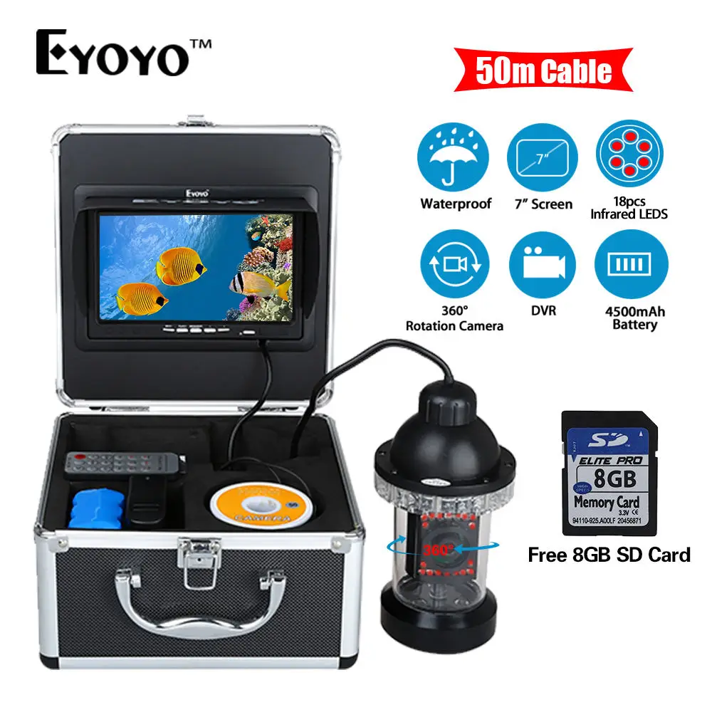 

EYOYO 50M/165FT 7" LCD Underwater Fishing Camera 360 degree Rotation Fishfinder 18pcs IR Infrared LED DVR Video Recorder 8G Card