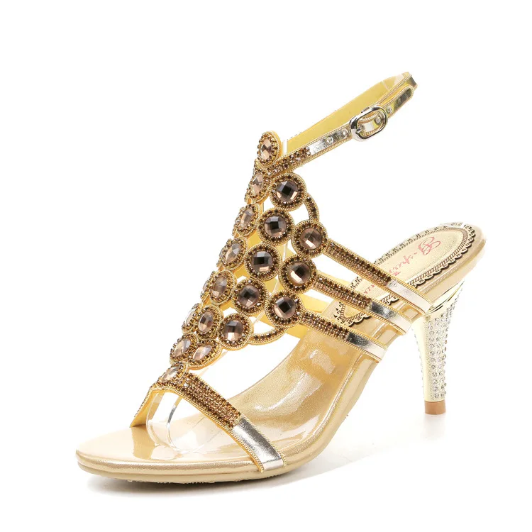 2016 Summer New Rhinestone Diamond Gold Dress Sandals For Wedding Womens High Heel Stiletto Shoes Size 1012