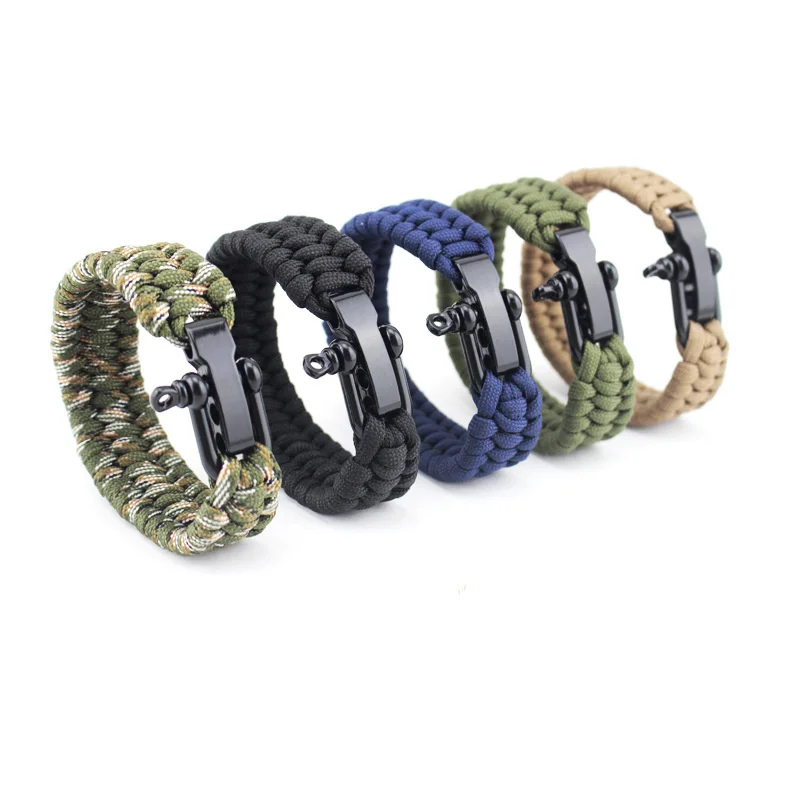 التخييم سوار paracord بقاء الطوارئ مزين حبل سوار للرجال الأسود المقاوم للصدأ تعديل مشبك أساور