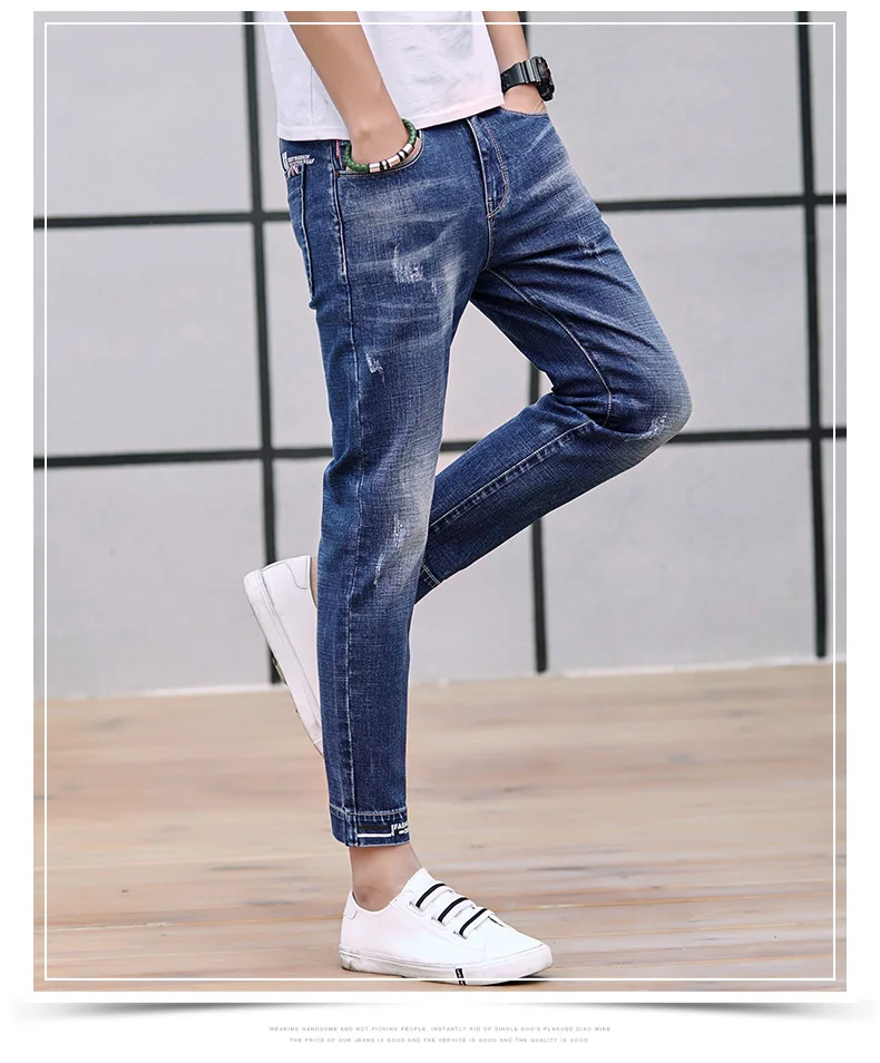Лидер продаж 2018 Новая мода Дизайн подростков люблю синий Поцарапанные Джинсы до щиколотки Длина мужской Slim Fit джинсовые узкие брюки 27-36 #905