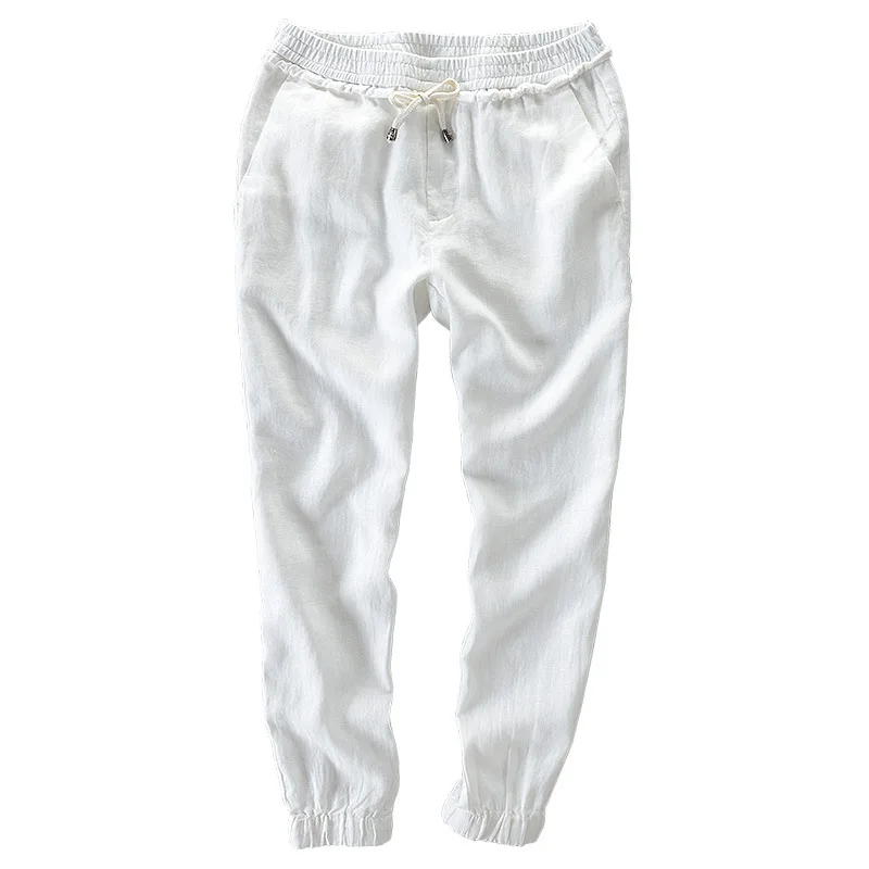 

Men's Summer Casual Pants Natural Linen Ankle-Length Pants White Linen Elastic Waist Straight Joggers Pants Y657