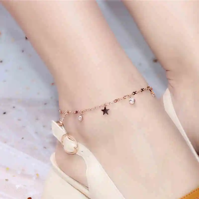 YUN RUO 2018 Fashion Rose Gold Color Star Crystal Anklet Chain Chic Woman 316 L Titanium Steel Jewelry Top Quality Never Fade YUN RUO 2018 Fashion Rose Gold Color Star Crystal Anklet Chain Chic Woman 316 L Titanium Steel Jewelry Top Quality Never Fade