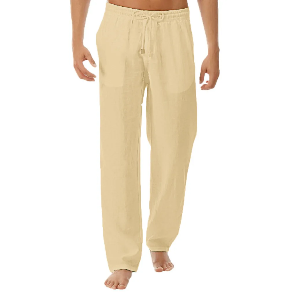 Men straight pants summer Fashion Solid Color Breathable Loose Fit Drawstring Trousers Long beach holiday home casual Pants male