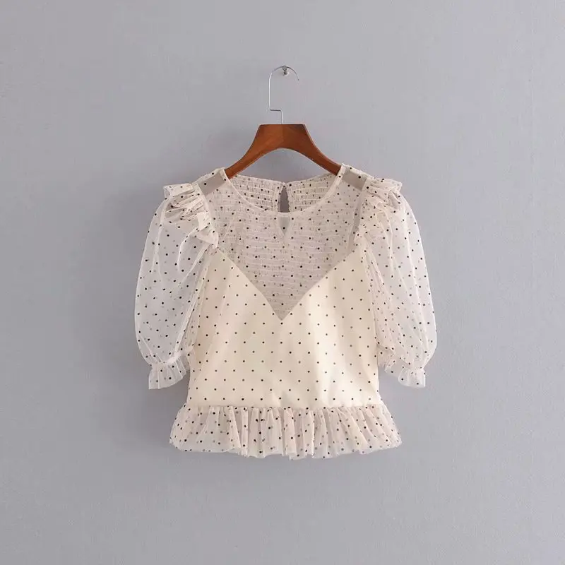 

sweet girls o-neck puff sleeve short tops stylish chic women ruffles polka dot print mesh blouse sexy see through blusas mujer
