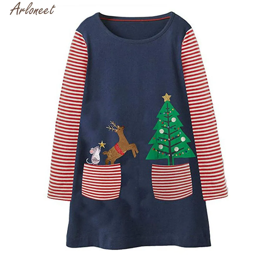 Одежда arloneet/платье для маленьких девочек; милое Хлопковое платье с круглым вырезом и рисунком оленя; вечерние платья для девочек; модное рождественское платье в полоску