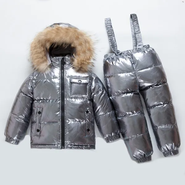 Детские Пуховые куртки с воротником из натурального меха+ пуховые комплекты на подтяжках, зимние ветрозащитные пуховые комплекты для мальчиков и девочек в русском стиле, Детские лыжные комплекты,-35 - Цвет: Silver