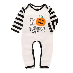 Puseky для новорожденных девочек на Хэллоуин для мальчиков хлопковый комбинезон с длинным рукавом тыквы комбинезоны фестиваль с принтом букв