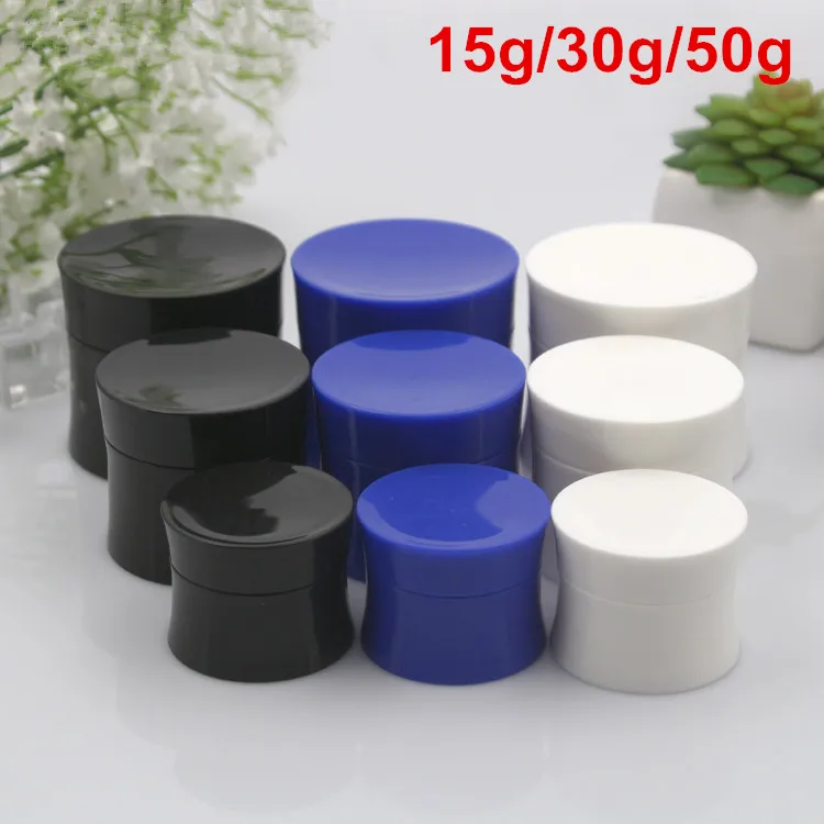 

1Lots 15g/30g/50g Empty Black/White/Blue Tight Waist Shape Container With Liner Refillable Travel PP Facial Cream Jar Packaging
