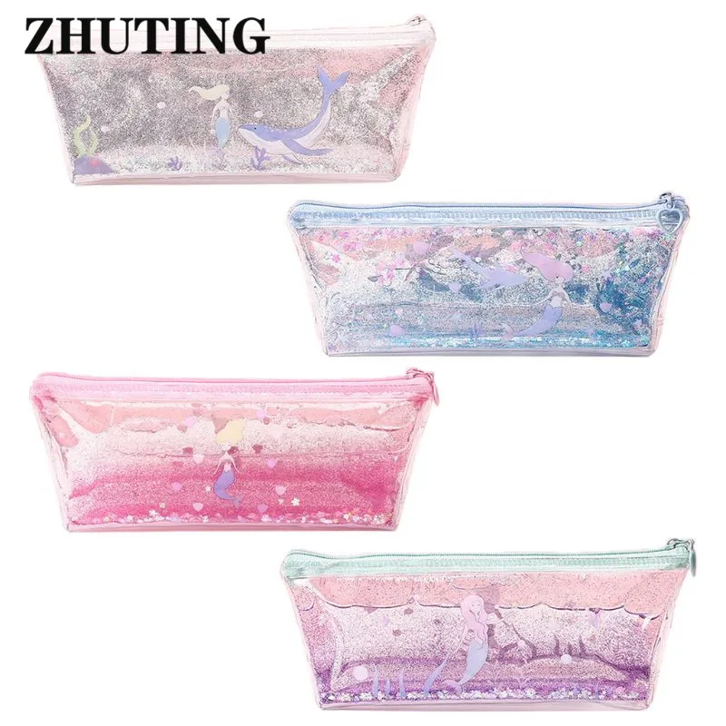

Kawaii Pencil Case Quicksand Oil PVC Transparent Pencil Box Pencilcase Zipper Bag School Supplies Stationery