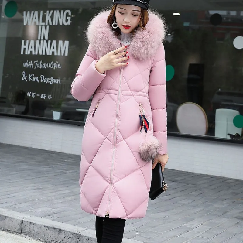 Chic Style Zipper Casual Warm Fur Coats Fashion Fur Collar Hooded Elegant Lady Coat Winter Women's Long Down Cotton Parka