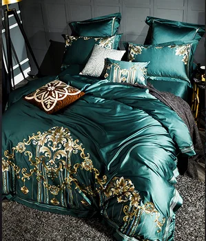 

Premium Luxury 120S Egyptian cotton Embroidered Bedding set Queen King Golden Green Duvet cover Bed sheet set Pillowcase 4/6pcs