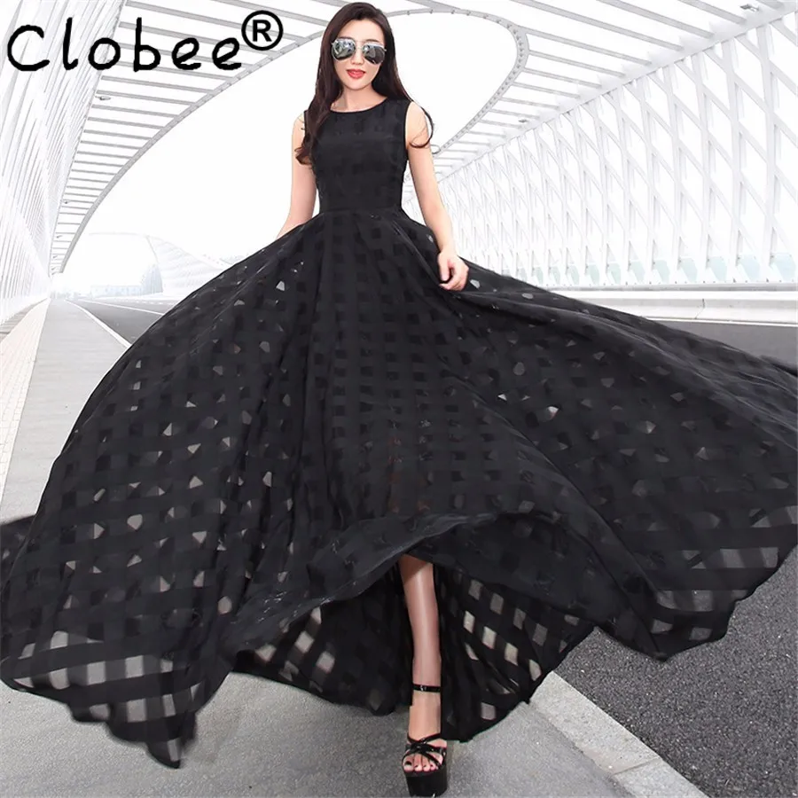 

2017 Runway Summer Sundress White Long Maxi Dress 2017 Women Bohemian Organza Beach Dresses Sleeveless Big Swing Vestidos