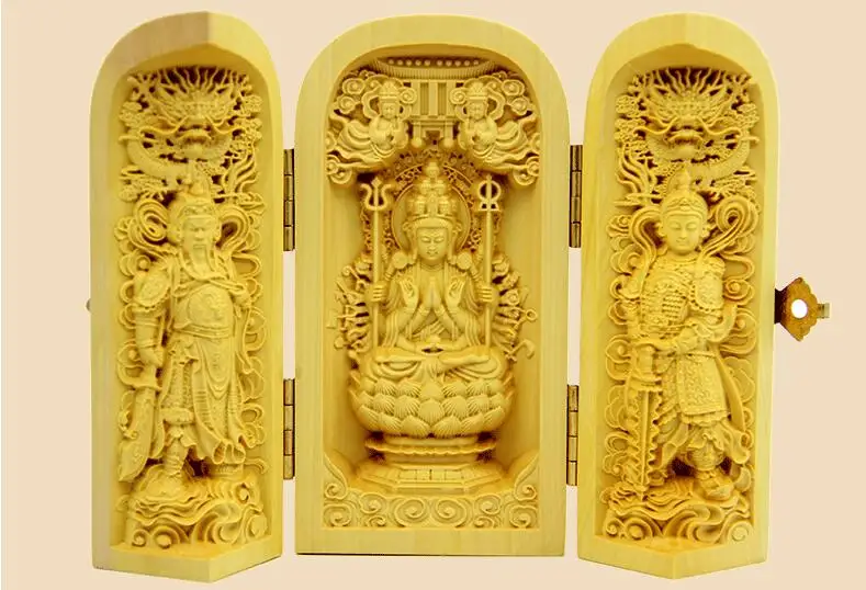 

Decorated 100% Boxwood Highly Difficulty Carved God Of Wealth Statue Folding Box Thousand-hand Bodhisattva
