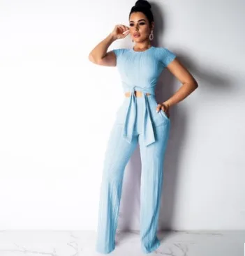 

Two Pieces Sets Women Clothes O Neck Short Sleeve Bandage Crop Top + Pocket Wide Leg Pants Candy Colors Tracksuit Outfit
