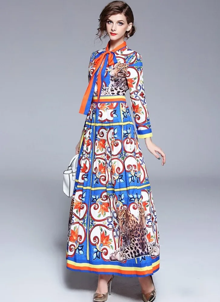 

2018 Runway Dress Designer Women Summer Autumn Floral Print Leopard Dress Long Sleeve Maxi Dress Lace Up Robe Longue Femme Ete