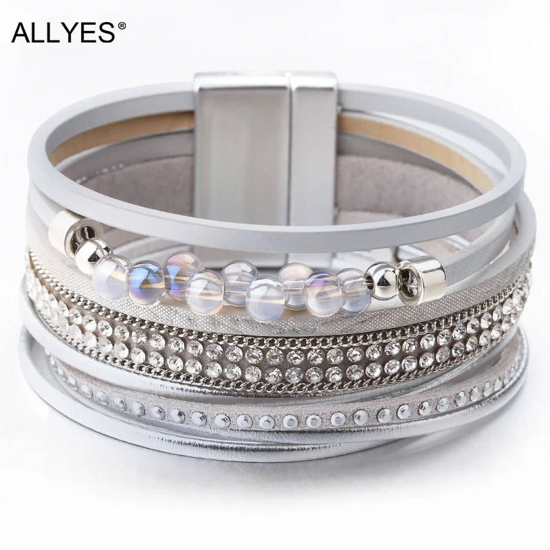 

ALLYES Multilayer Leather Bracelet Female pulseira feminina Magnet Clap Boho Crystal Beads Wide Bracelets for Women Jewelry