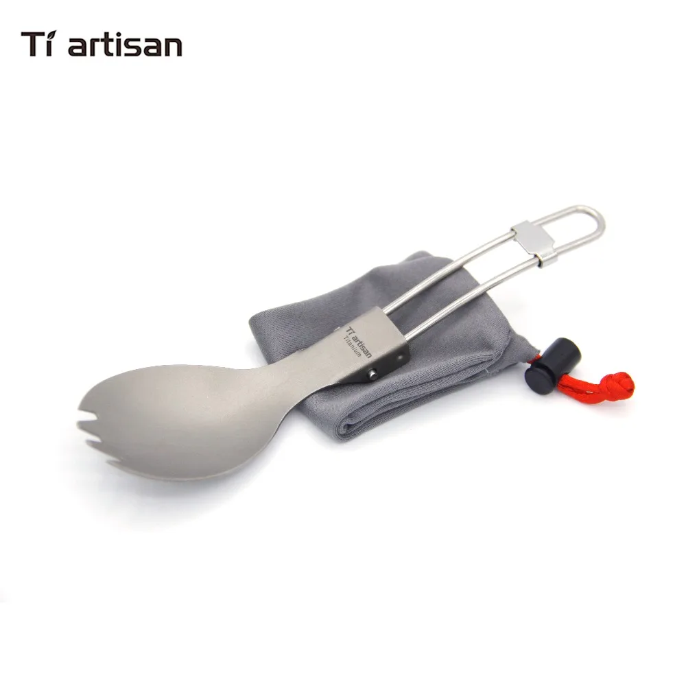Tiartisan Titanium Folded handle Spork Fork Spoon 2 in 1 Camping Cutlery Portable Picnic Tableware